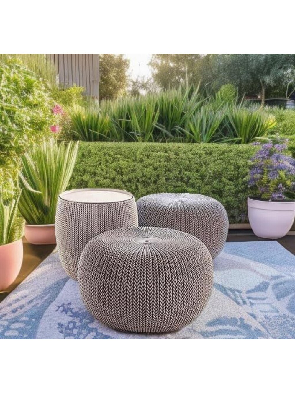 Keter Urban Knit Pouf Ottomans & Table Patio Set, Grey & White, Outdoor Seating